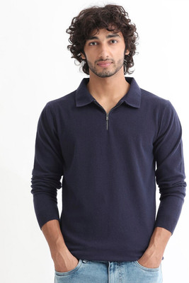 RARE RABBIT Solid Round Neck Casual Men Dark Blue Sweater