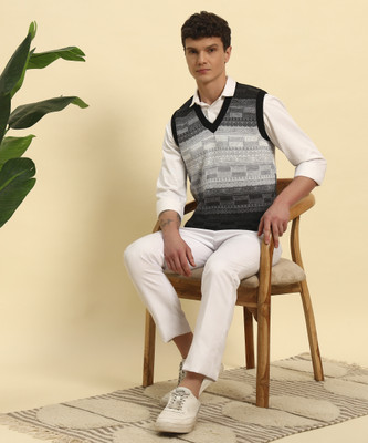 HERMISTON Colorblock V Neck Casual Men Black Sweater