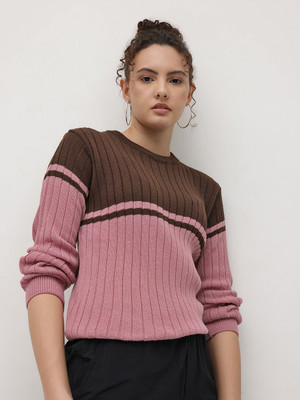 Roadster Colorblock Round Neck Casual Women Pink Sweater