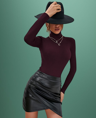 Parona Solid High Neck Casual Women Maroon Sweater