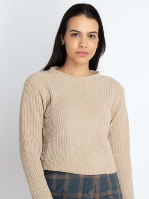 Status Quo Solid Round Neck Casual Women Beige Sweater