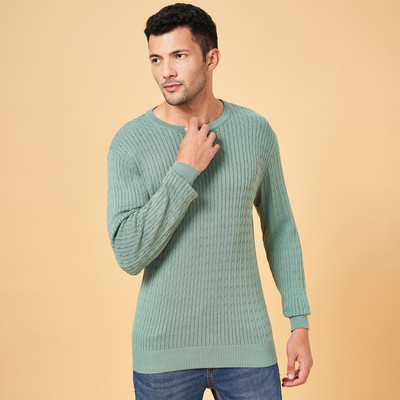 Byford by Pantaloons Self Design Round Neck Casual Men Green Sweater
