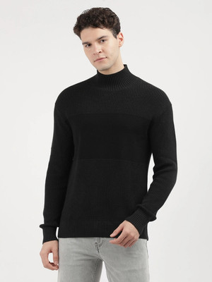 Calvin Klein Jeans Self Design High Neck Casual Men Black Sweater