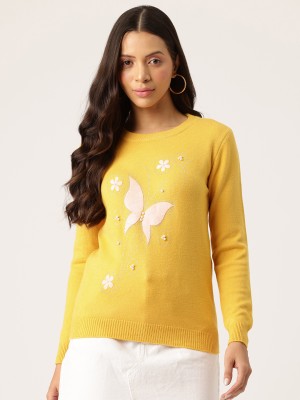 One Femme Embroidered Round Neck Casual Women Yellow Sweater