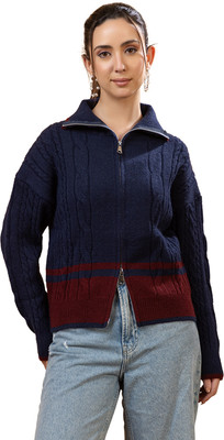 GFO Printed High Neck Casual Women Blue Sweater