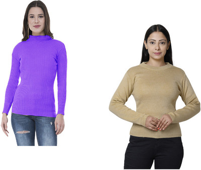 IndiWeaves Solid, Self Design High Neck Casual Women Beige, Purple Sweater