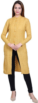 Dartline Self Design Crew Neck Casual Women Yellow Sweater