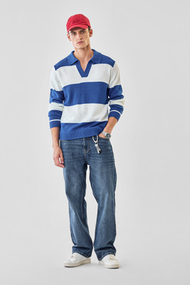 Snitch Striped Collared Neck Casual Men Blue Sweater