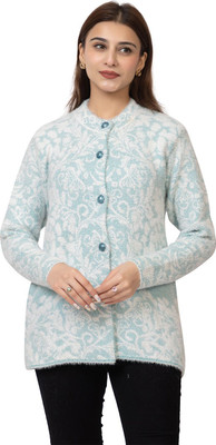 FASHSTORE Floral Print Mandarin Neck Casual Women Green Sweater