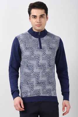 PETER ENGLAND Printed High Neck Casual Men Dark Blue Sweater