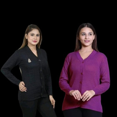 LUXURIOUS DESIGN Solid V Neck Casual Women Black, Purple Sweater