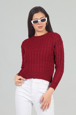 WOOLBERRY Self Design Round Neck Casual Women Maroon Sweater