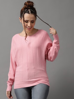 Showoff Striped Round Neck Casual Women Pink Sweater