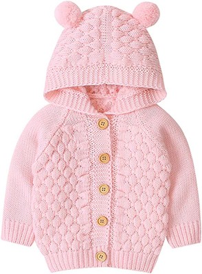 Little Surprise Box Self Design Hooded Neck Casual Baby Boys & Baby Girls Pink Sweater