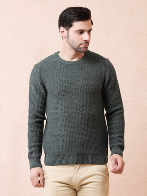 NOQUO Self Design Round Neck Casual Men Dark Green Sweater