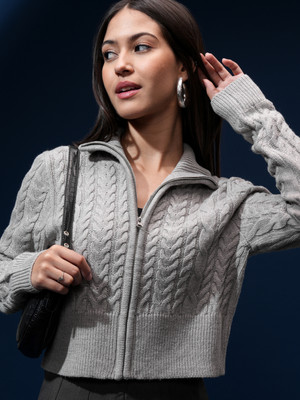 Tokyo Talkies Self Design High Neck Casual Women Grey Sweater
