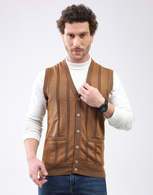 MONTE CARLO Self Design, Striped V Neck Casual Men Beige Sweater