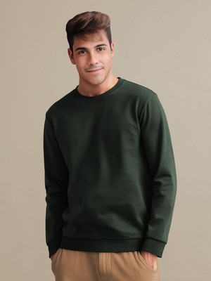 TRIPR Solid Round Neck Casual Men Dark Green Sweater