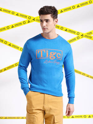 The Indian Garage Co. Self Design Crew Neck Casual Men Blue Sweater