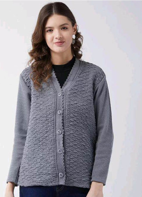 Hans Craft Solid V Neck Casual Women Grey Sweater