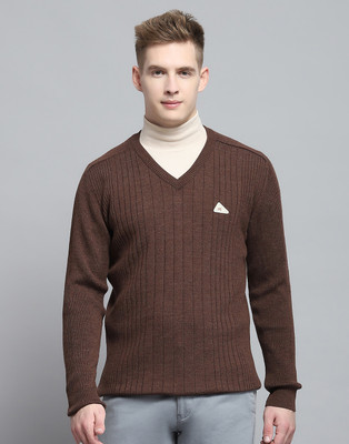 MONTE CARLO Self Design V Neck Casual Men Brown Sweater