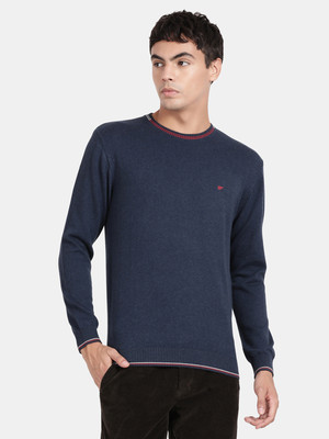 t-base Solid Round Neck Casual Men Dark Blue Sweater