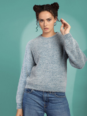 CHKOKKO Solid Round Neck Casual Women Light Green Sweater
