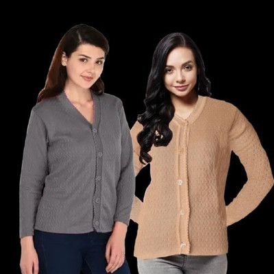 LUXURIOUS DESIGN Solid V Neck Casual Women Grey, Beige Sweater