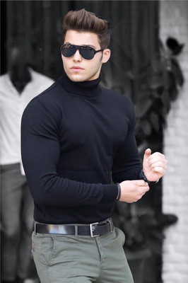 BLACK BLINK Striped Turtle Neck Party Men Black Sweater