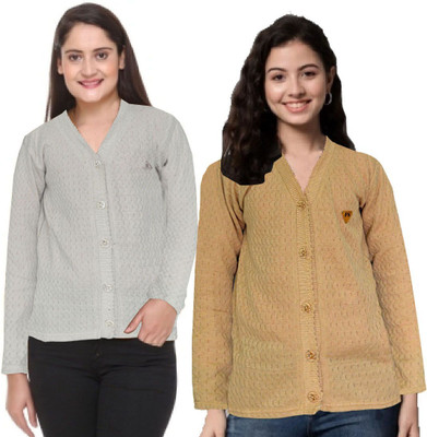 Shunit creation Self Design Round Neck Lounge Wear Women Brown Sweater