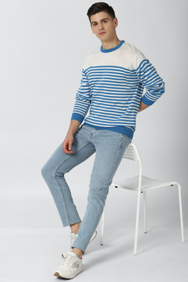 Peter England University Woven Round Neck Casual Men Blue, White Sweater