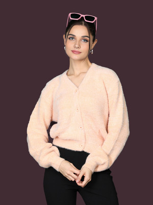 CHEMISTRY Self Design V Neck Casual Women Orange Sweater
