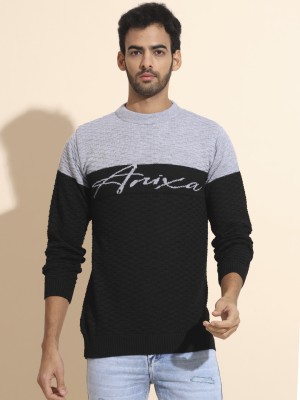 ANIXA Printed Round Neck Casual Men Black, Grey Sweater