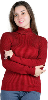 LITHISA Solid, Self Design Turtle Neck Casual Women Black Sweater
