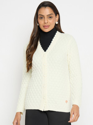 DUKE Self Design V Neck Casual Women White Sweater
