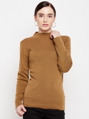 MADAME Solid High Neck Casual Women Brown Sweater