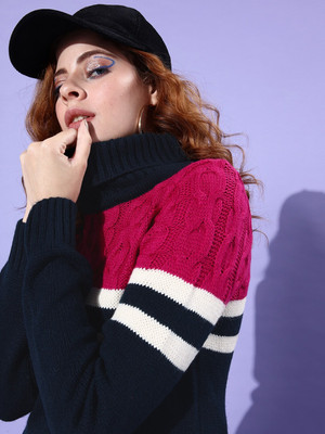 Dressberry Colorblock Turtle Neck Casual Women Purple Sweater