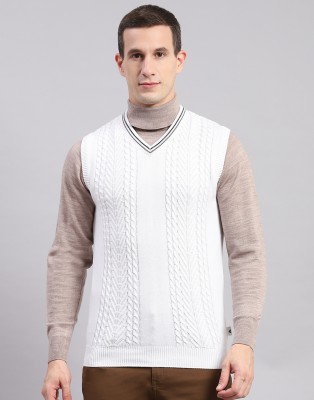 MONTE CARLO Self Design V Neck Casual Men White Sweater