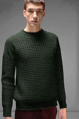 HouseOfCommon Self Design Round Neck Casual Men Green Sweater