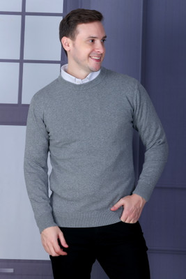 DZANT Solid Round Neck Casual Men Grey Sweater