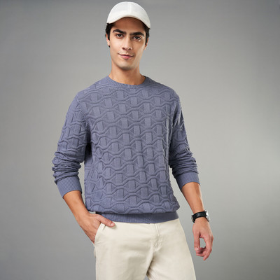 Byford by Pantaloons Self Design Round Neck Casual Men Grey Sweater