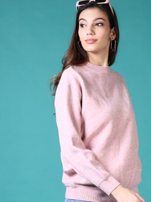 V-MART Solid Round Neck Casual Women Pink Sweater