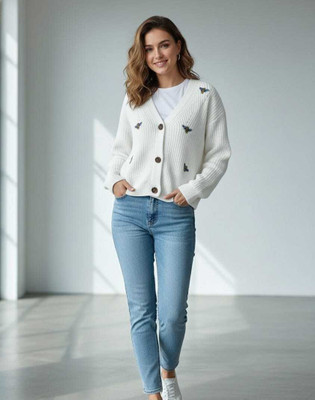 Majestic Retails Solid V Neck Casual Women White Sweater