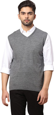 PARK AVENUE Solid V Neck Casual Men Grey Sweater