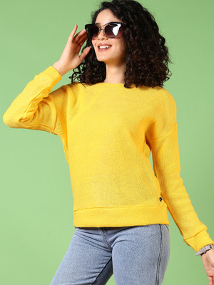V-MART Self Design Crew Neck Casual Women Yellow Sweater