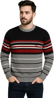 IRA CHOICE Striped Round Neck Casual Men Black Sweater