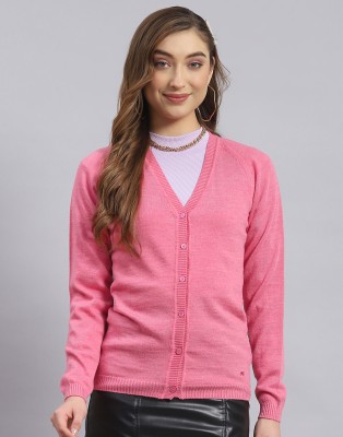 MONTE CARLO Solid V Neck Casual Women Pink Sweater