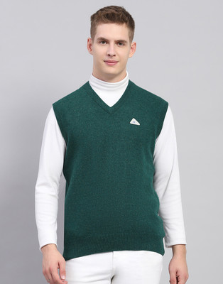 MONTE CARLO Self Design V Neck Casual Men Green Sweater