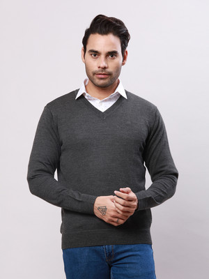 Raymond Solid V Neck Casual Men Grey Sweater