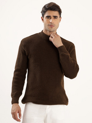 kveto Solid Round Neck Casual Men Brown Sweater